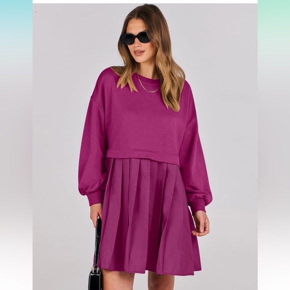 NWT Hot Pink Layered Sweatshirt Dress Oversized Long Sleeve Womens XS - Picture 1 of 14